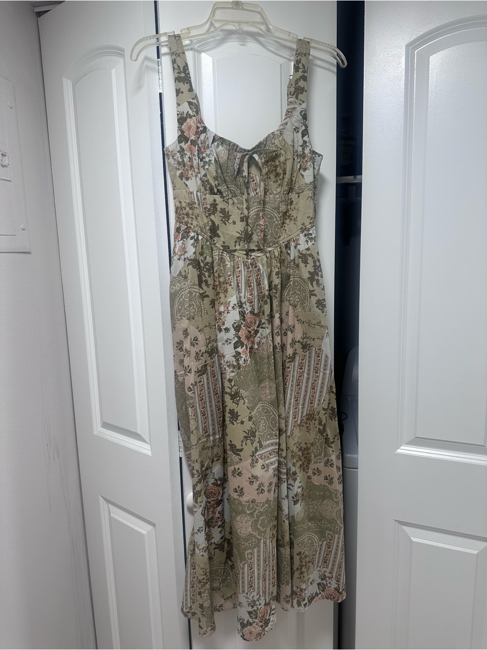 Blu Pepper Olive Green Floral Patchwork Midi Dress